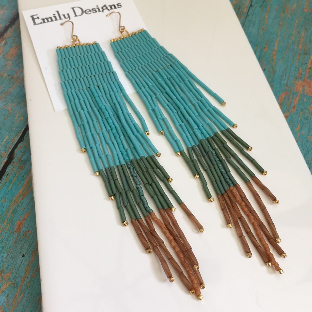 Color block beaded fringe earrings turquoise